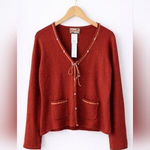 April Cornell Boho Cardigan Rust Red Tie Front Floral Trim Sweater M NWT